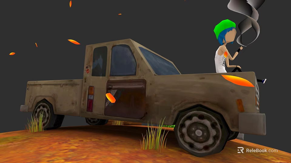 Cartoon Character With Green Hat Sitting In Old Truck Surrounded By Orange Leaves And Grass 3d model 