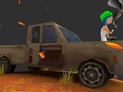 Cartoon Character With Green Hat Sitting In Old Truck Surrounded By Orange Leaves And Grass 3d model