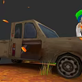 Cartoon Character With Green Hat Sitting In Old Truck Surrounded By Orange Leaves And Grass