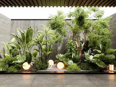 Lush Indoor Landscape With Tropical Plants Trees Round Lights Concrete Wall And Stone Floor 3d model
