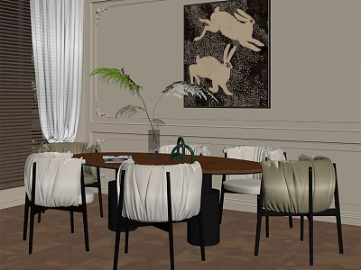Elegant Restaurant Interior With Wooden Dining Table Stylish Chairs Abstract Artwork And Green Plant 3d model