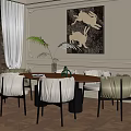 Elegant Restaurant Interior With Wooden Dining Table Stylish Chairs Abstract Artwork And Green Plant
