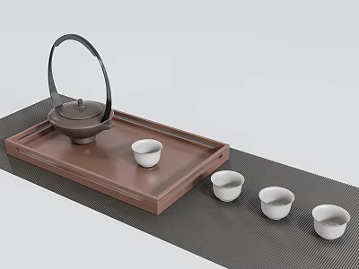 Traditional Tea Set With Brown Tray Teapot And White Ceramic Teacups 3d model