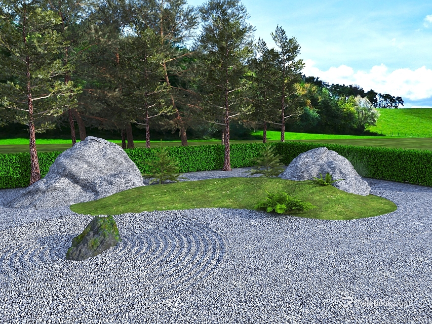 Japanese Rock Garden With Large Rocks Gravel Area Grass Lawn Small Plants And Trimmed Hedges 3d model 
