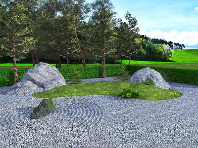 Japanese Rock Garden With Large Rocks Gravel Area Grass Lawn Small Plants And Trimmed Hedges 3d model