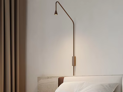 Modern Metal Wall Lamp For Bedroom With White Wall Brown Curtains And Marble Bedside Table 3d model