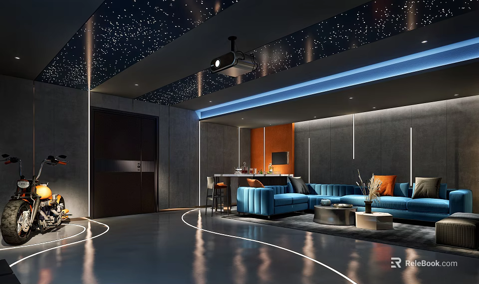 Modern Home Theater Interior With Starry Ceiling Projector Blue Sofa And Ambient Lighting 3d model 