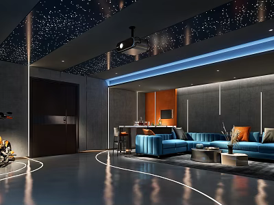 Modern Home Theater Interior With Starry Ceiling Projector Blue Sofa And Ambient Lighting 3d model