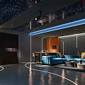 Modern Home Theater Interior With Starry Ceiling Projector Blue Sofa And Ambient Lighting