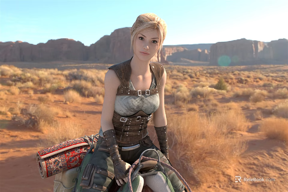 Woman riding desert landscape with mountain views leather outfit and saddle bag 3d model 