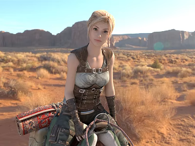 Woman riding desert landscape with mountain views leather outfit and saddle bag 3d model