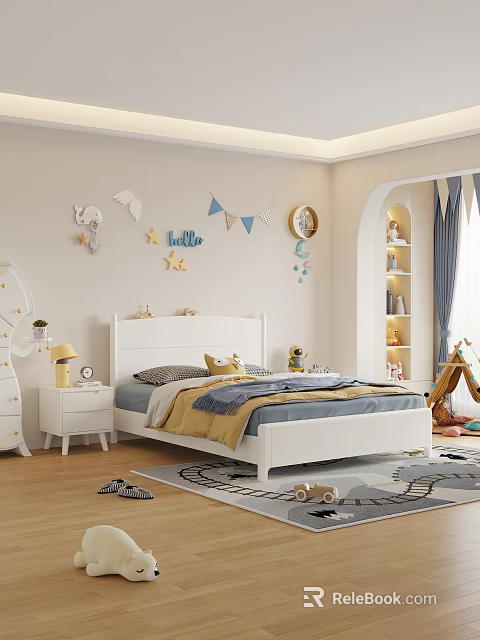 White Children's Bed In Kids Bedroom With Blue Yellow Bedding Wall Decor Stars Moon Elephant 3d model 
