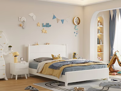 White Children's Bed In Kids Bedroom With Blue Yellow Bedding Wall Decor Stars Moon Elephant 3d model