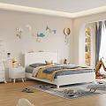 White Children's Bed In Kids Bedroom With Blue Yellow Bedding Wall Decor Stars Moon Elephant