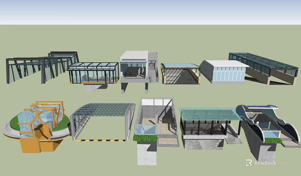 Various Modern Glass Pavilion Structures With Different Shapes And Architectural Designs 3d model