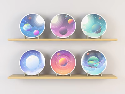 Colorful Planet Patterned Plates Displayed on Wooden Shelves with Vibrant Cosmic Designs 3d model