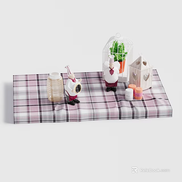 Decorative Ornament Set With Rabbit Figurines Birdcage Green Plant And Small House On Plaid Cloth 3d model 