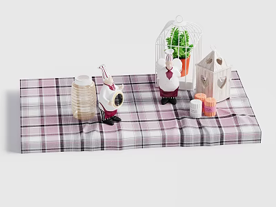 Decorative Ornament Set With Rabbit Figurines Birdcage Green Plant And Small House On Plaid Cloth 3d model