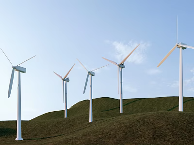Multiple Industrial Wind Turbines Operating on Green Hills Under Clear Blue Sky 3d model