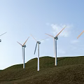 Multiple Industrial Wind Turbines Operating on Green Hills Under Clear Blue Sky