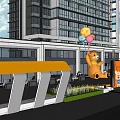Vibrant Commercial Landscape With High Rise Buildings Yellow Bear Balloons And Orange Decorations