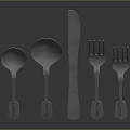 Five Piece Minimalist Silver Tableware Set with Patterned Handles on Black Reflective Background