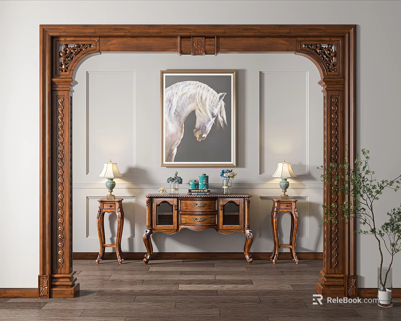 Wooden Carved Archway with White Horse Painting and Console Table Lamps Wooden Floor Potted Plant 3d model 