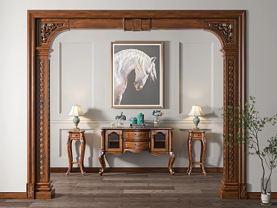 Wooden Carved Archway with White Horse Painting and Console Table Lamps Wooden Floor Potted Plant 3d model