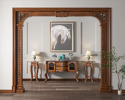 Wooden Carved Archway with White Horse Painting and Console Table Lamps Wooden Floor Potted Plant 3d model