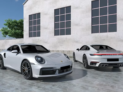 Sleek White Sports Cars Parked In Front Of Modern Building With Large Windows 3d model