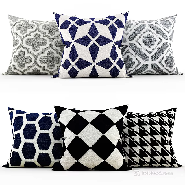 Geometric Pattern Throw Pillows with Diamond Houndstooth Hexagon Blue Black and White Designs 3d model