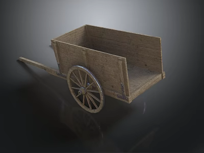 Traditional Wooden Hand Cart With Large Wheel And Square Frame Structure 3d model