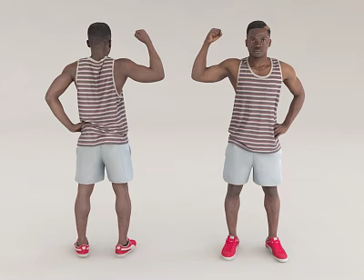 Muscular Man In Striped Tank Top And Shorts Flexing Muscles 3d model