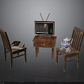 Vintage Living Room Setup With Wooden Chairs Table TV Books And Teapot