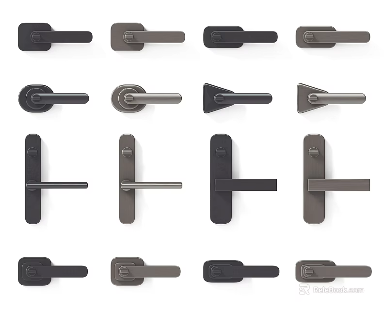 Various Modern Metal Door Handles In Different Design Styles On White Background 3d model 
