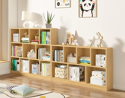 Wooden Bookshelf with Multiple Compartments Filled with Books Decorations and Plants in Cozy Living Room 3d model