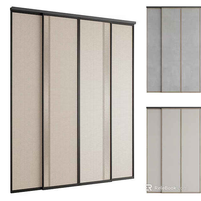 Modern Sliding Doors With Beige Light Gray Fabric Panels And Black Frames Design 3d model 