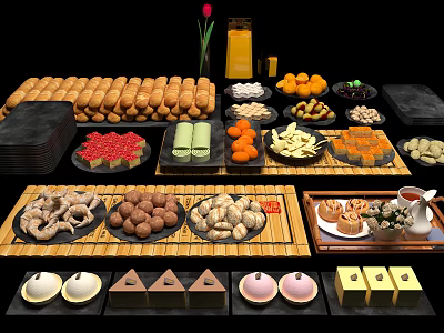 Assorted Delicious Food Spread With Bread Rolls Fruits Sushi And Desserts 3d model
