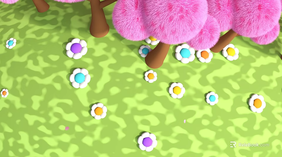 Cartoon Scene Featuring Fluffy Pink Trees Brown Trunks And Colorful Flowers On Green Grass 3d model 