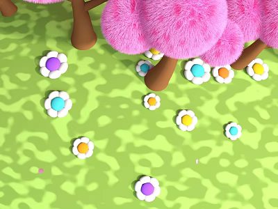 Cartoon Scene Featuring Fluffy Pink Trees Brown Trunks And Colorful Flowers On Green Grass 3d model