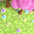 Cartoon Scene Featuring Fluffy Pink Trees Brown Trunks And Colorful Flowers On Green Grass