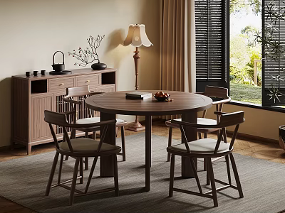 Rustic Dining Room With Round Wooden Table Chairs Sideboard And Natural Light 3d model