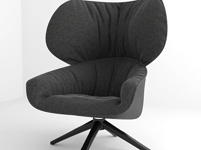 Gray Modern Accent Chair With Upholstered Fabric Pleated High Backrest And Swivel Black Metal Base 3d model