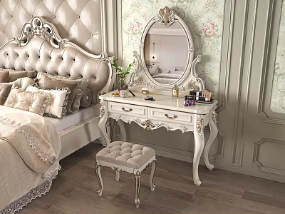 Elegant White Carved Dressing Table With Stool Mirror And Cosmetics On Floral Wallpaper Background 3d model