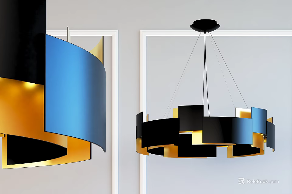 Modern Chandeliers With Blue Gold Black Curved Panels And Circular Design In White Room 3d model 