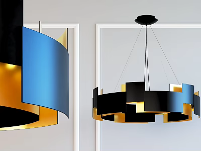 Modern Chandeliers With Blue Gold Black Curved Panels And Circular Design In White Room 3d model