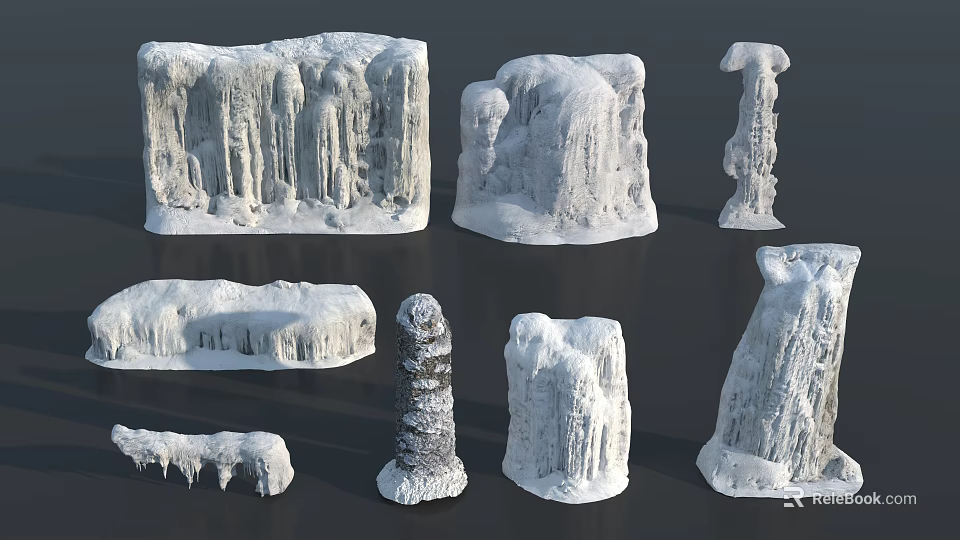 Natural Frozen Rock Formations With Various Ice Shapes And Snow Covered Structures 3d model 