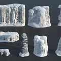 Natural Frozen Rock Formations With Various Ice Shapes And Snow Covered Structures