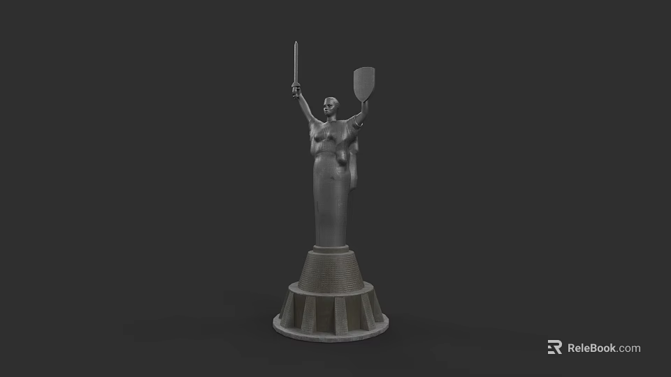 Landscape Sculpture Featuring Gray Female Figure Holding Spear And Shield On Tiered Pedestal 3d model 