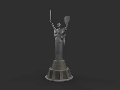 Landscape Sculpture Featuring Gray Female Figure Holding Spear And Shield On Tiered Pedestal 3d model